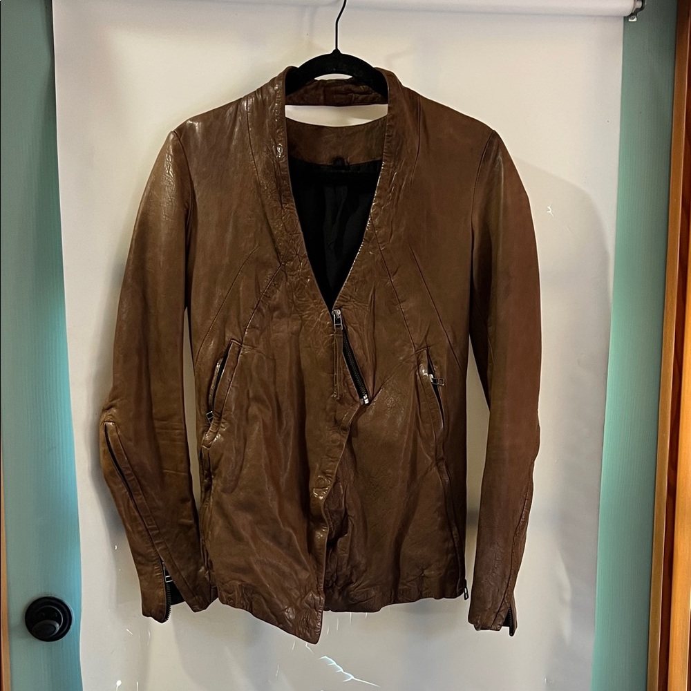 Improvd lamb slim Brown Leather Zip-Front Jacket asymmetrical